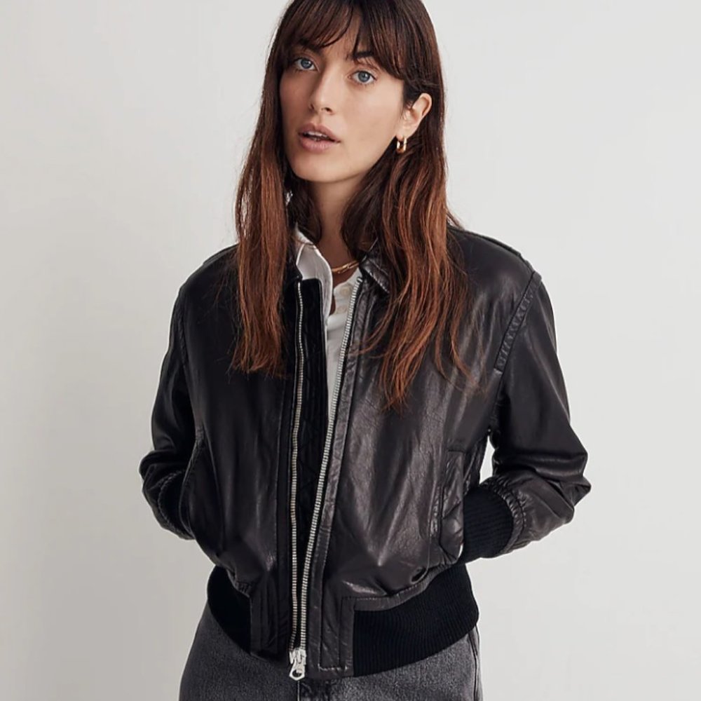 Madewell Washed Leather Cropped Bomber Jacket